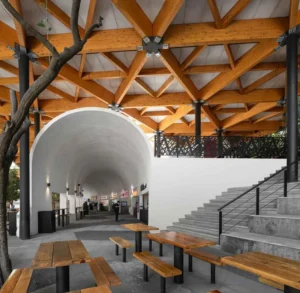Chapultepec Zoo food court and gallery with laminated wood canopy, Mexico City – A-001